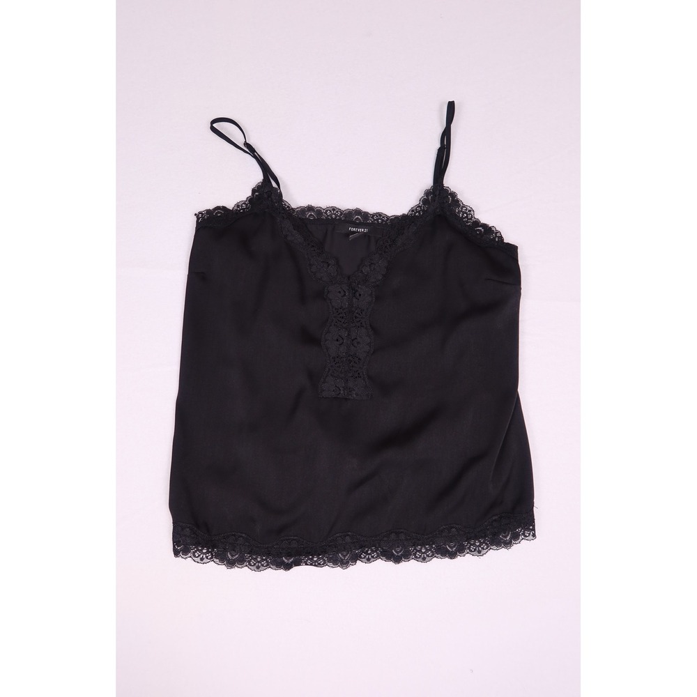 Forever 21 Black Satin Lace Trim Camisole Top Adjustable Straps Small